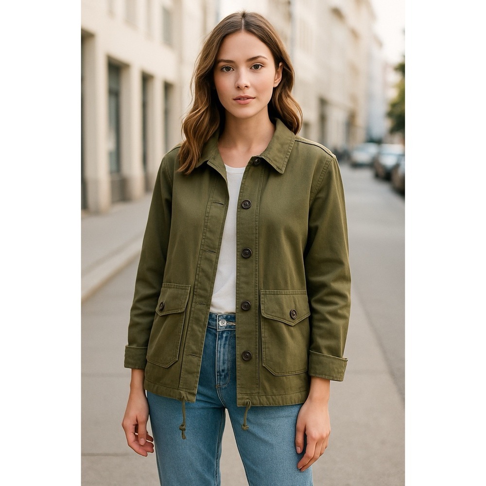 Six Crisp Days Women Olive Utility Jacket Small Military-Chic, Pockets, Drawcord